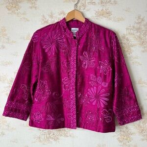 Vintage 90s Chico’s magenta pink silk floral embroidered mandarin collar jacket